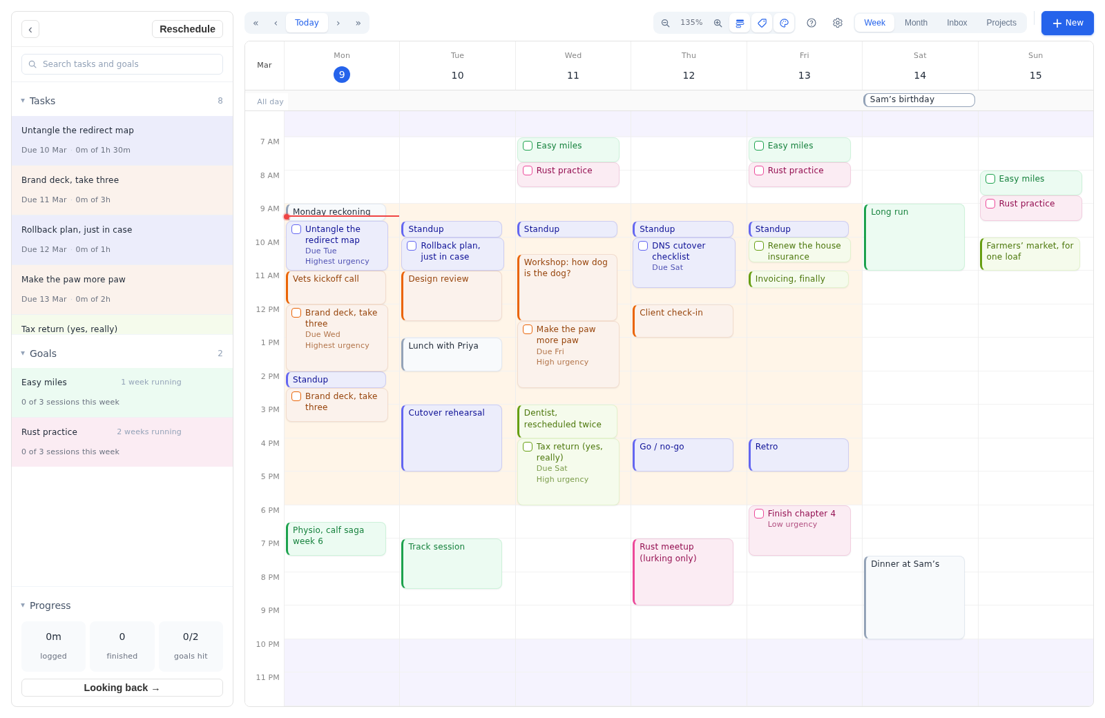 A week in Increment coloured by project: orange for Wet Nose Vets rebrand, indigo for Site migration, green for Half marathon (allegedly), lime for Life admin and pink for Learning Rust (again)
