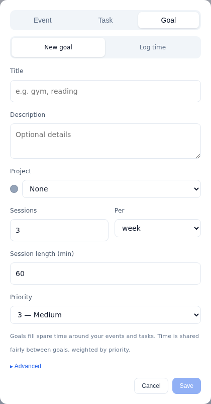 The Goal tab of Increment's item editor: title, description, project, sessions per period, session length in minutes and priority