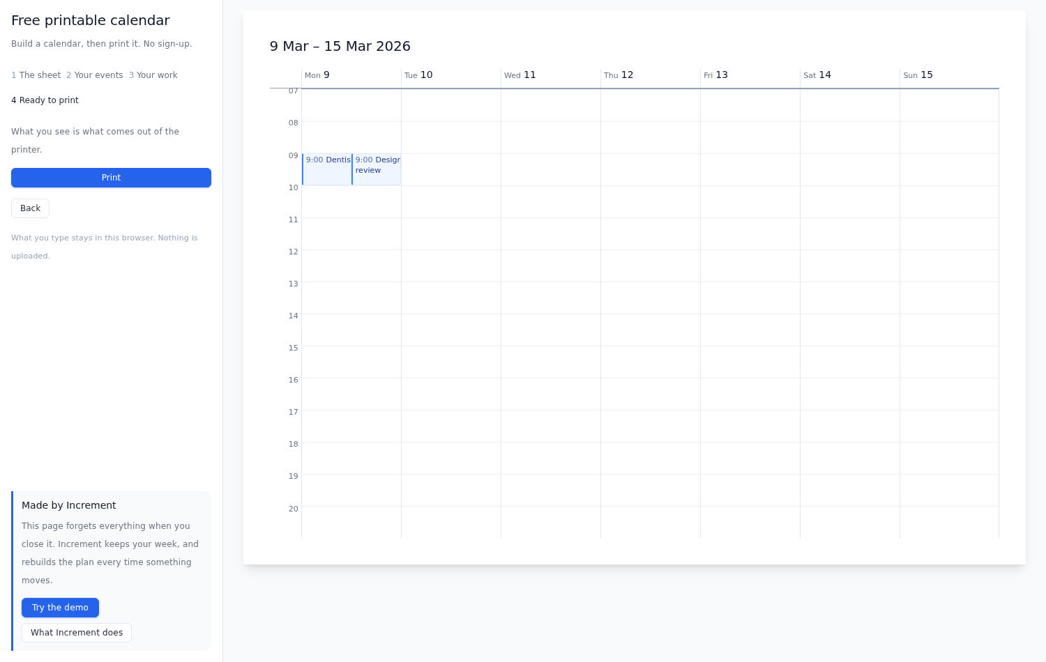 The printable calendar tool at its last step: the page to be printed on the right, and the four steps with a Print button on the left.