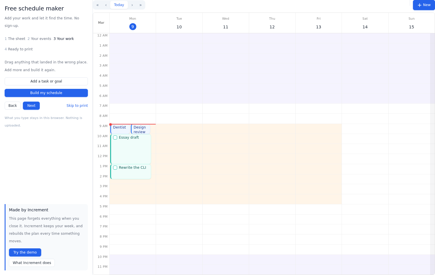 A week with two meetings and two pieces of work scheduled around them, built by pressing Build my schedule.