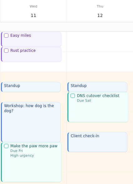 Increment's week view showing an event, a task and a goal side by side, each in its own colour — blue for events, teal for tasks, violet for goals