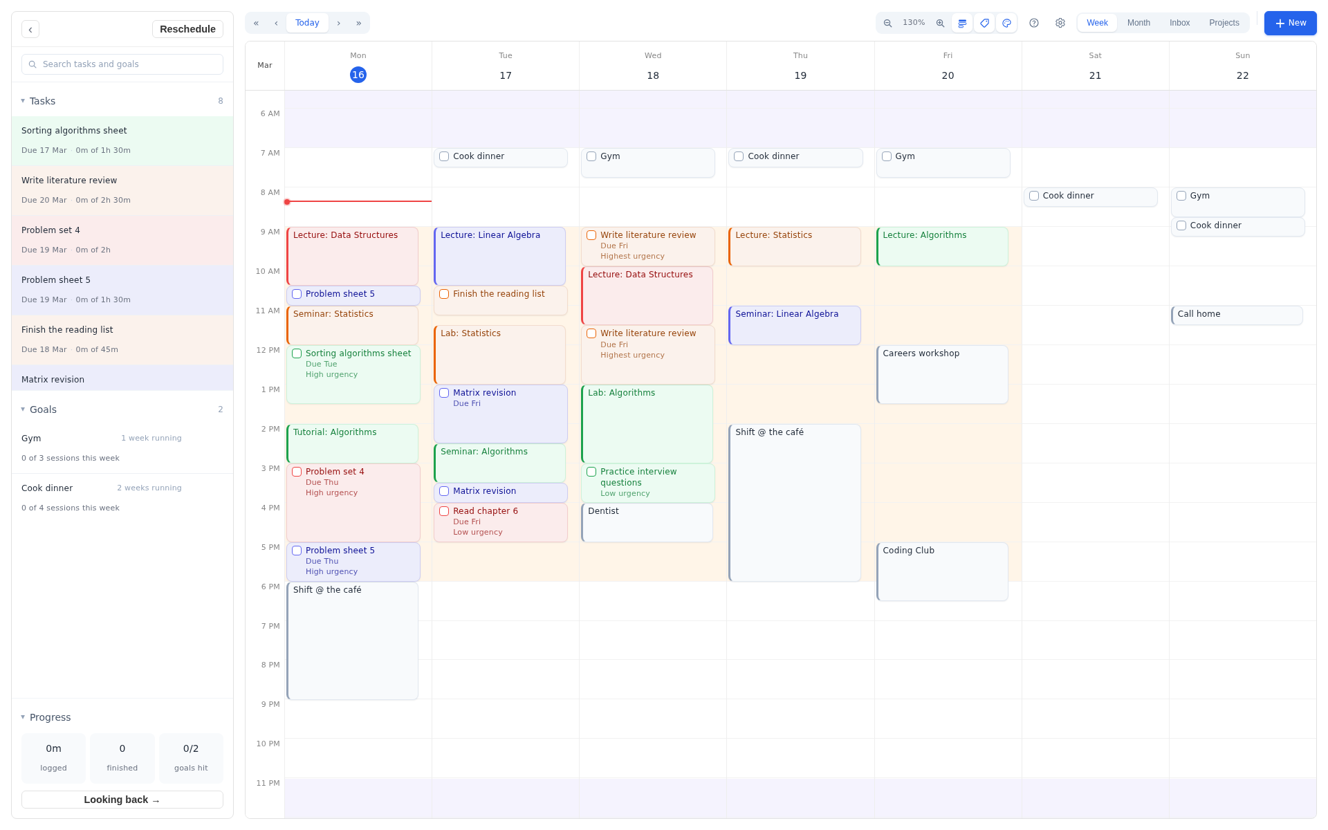 A student's week in Increment, with lectures, essay work and gym sessions scheduled around each other