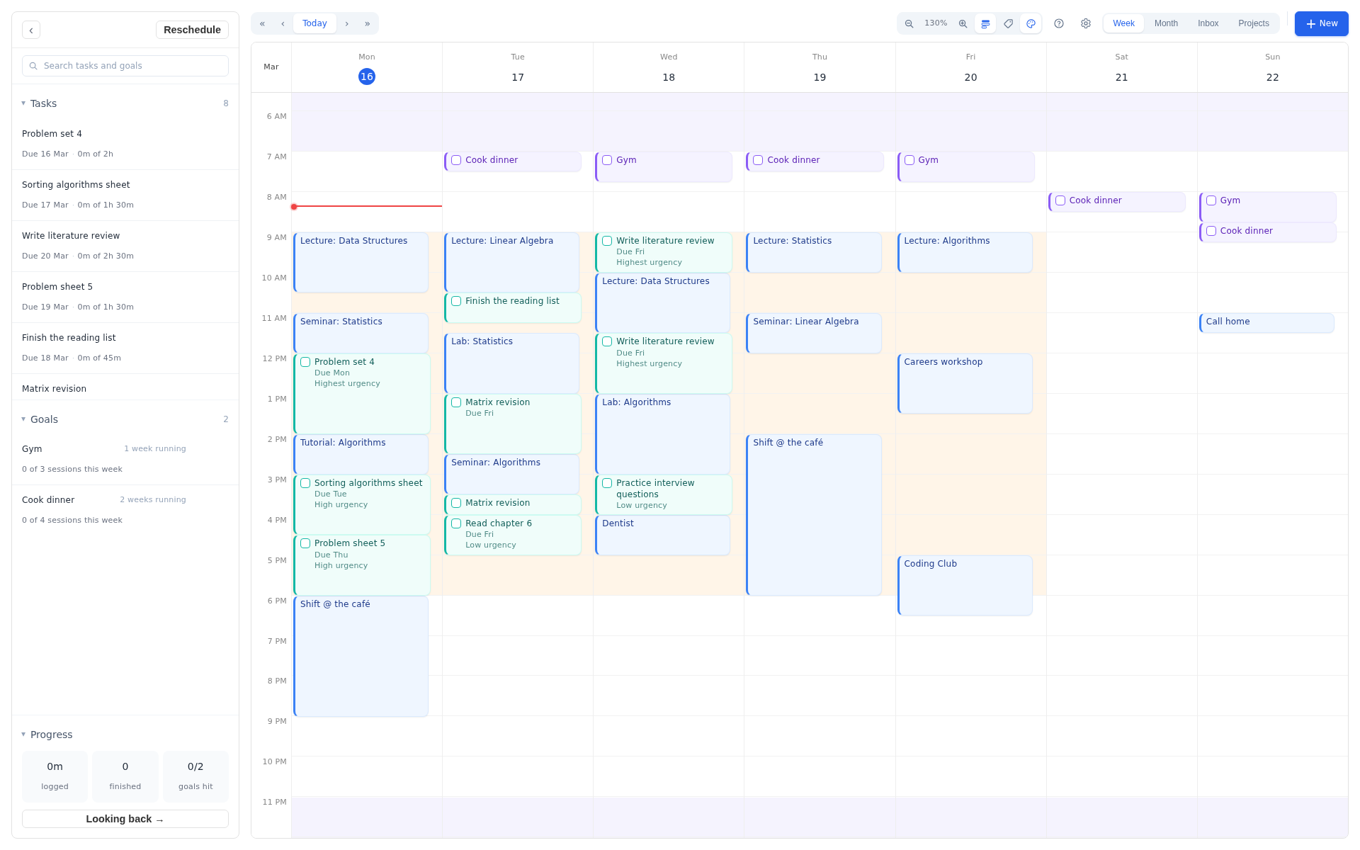 After Reschedule: the same week replanned around the moved deadline, with no collisions left