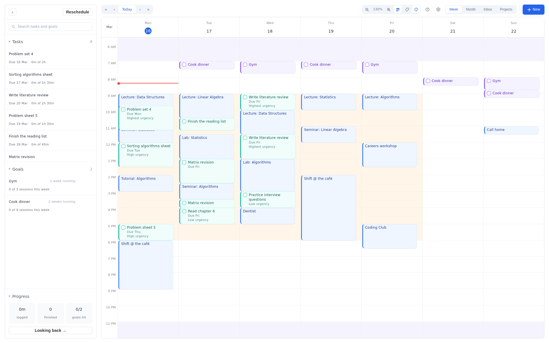 Before Reschedule: a task whose deadline just moved now collides with two fixed lectures